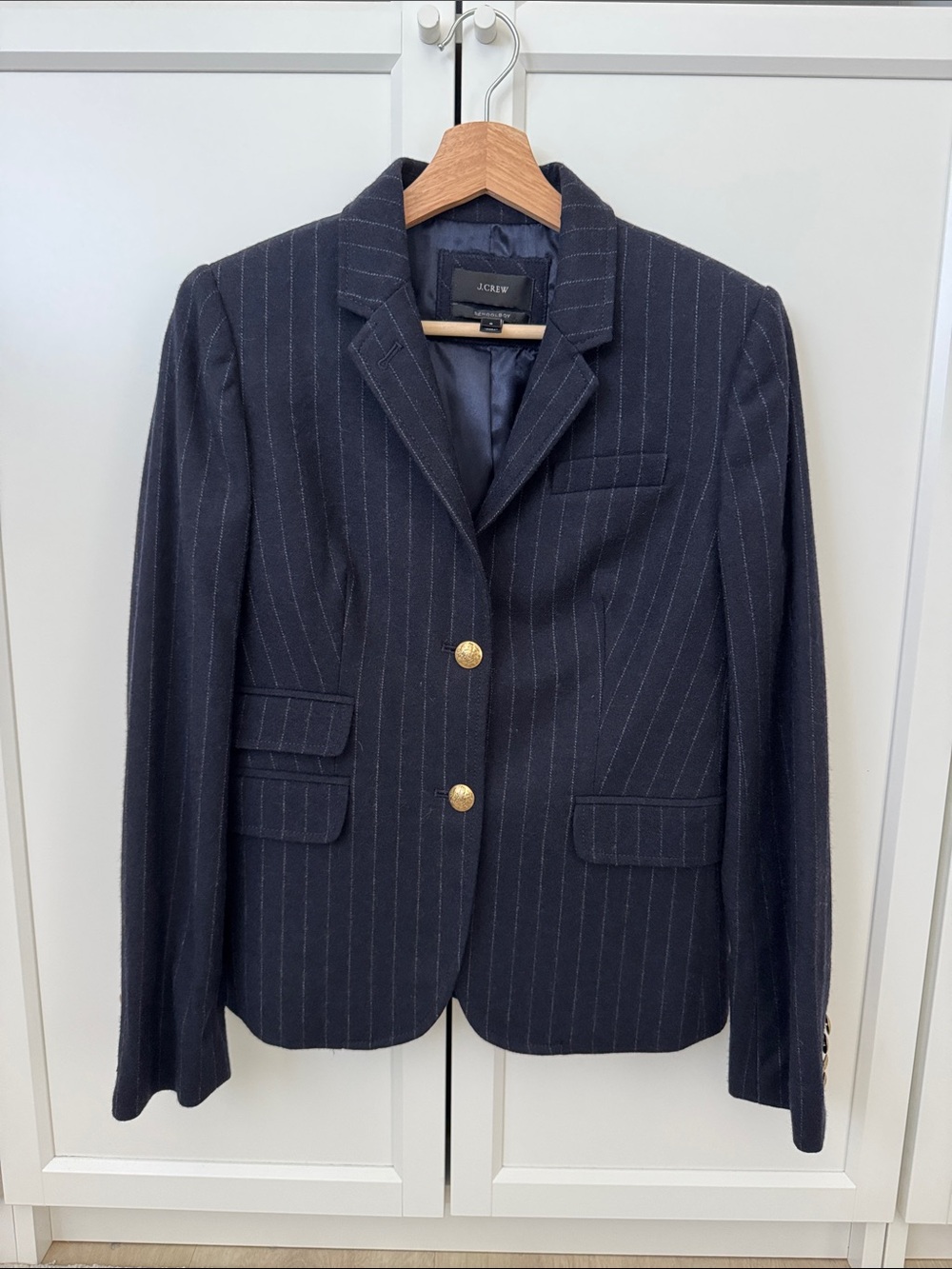 J. Crew School Boy Navy Pinstripe Wool Blazer with Gold Buttons